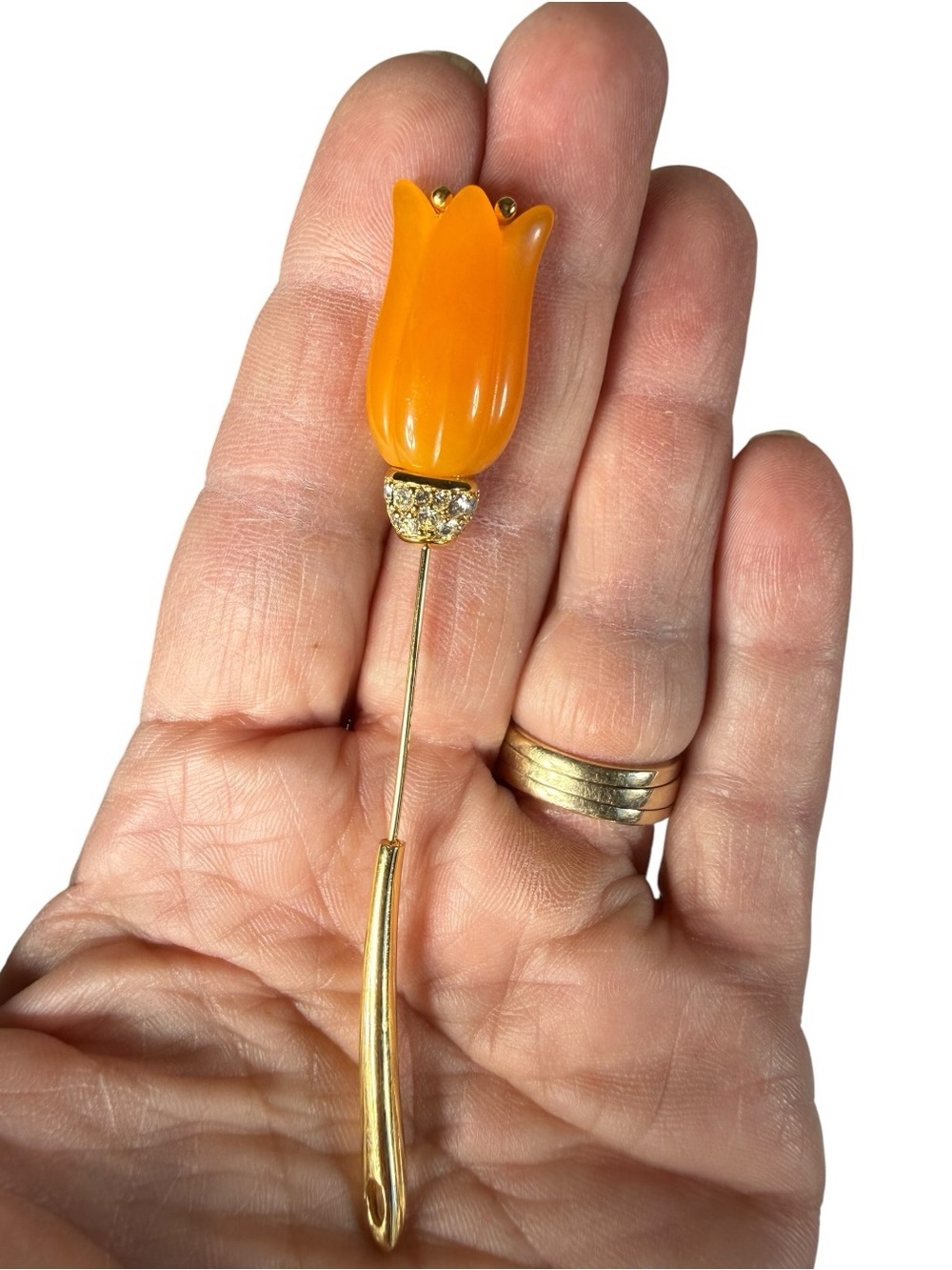 Givenchy Gold-Tone Stick Brooch with Bright Orange Tulip